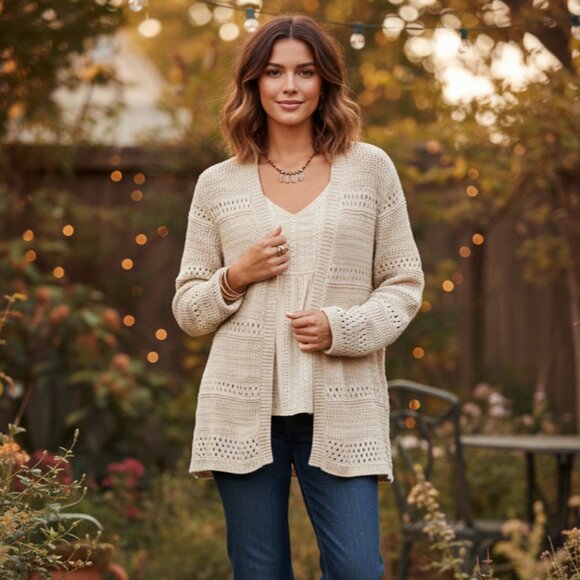 Jack by BB Dakota Sweaters - Jack by BB Dakota Womens Medium Open Knit Cardigan Sweater Beige Boho Minimalist